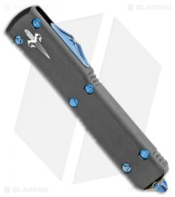 Marfione Custom Ultratech D/E OTF Knife Blue Ti HW (3.4" Blue Mosaic Damascus) -Microtech Marfione Custom Ultratech DE OTF blue Ti HW Blue Mosaic Damascus BHQ 108667 jr spine