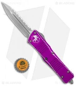 Microtech Combat Troodon D/E OTF Knife Violet Dist. (3.8" Stonewash Full Serr) -Microtech Microtech Combat Troodon DE Violet Distressed SW Full Serr 142 12DVI BHQ 104691 jr bottlecap