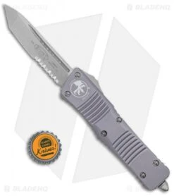 Microtech Combat Troodon T/E Automatic OTF Knife Gray (3.8" Stonewash Serr) -Microtech Microtech Combat Troodon TE Auto Gray SW Serr 144 11GY BHQ 98184 jr bottlecap