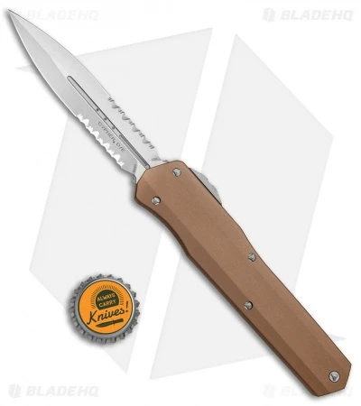 Microtech Cypher D/E OTF Automatic Knife Smooth Tan (4" Stonewash Serr) 6 Microtech Cypher D/E OTF Automatic Knife Smooth Tan (4" Stonewash Serr) - Image 4
