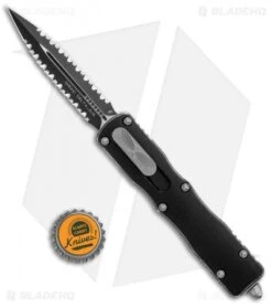 Microtech Dirac Delta Dagger OTF Automatic Black Dist. (3.75" Black Full Serr) -Microtech Microtech Dirac Delta DE Distressed Black Double Full Serr 227 D3DBK BHQ 104689 jr bottlecap