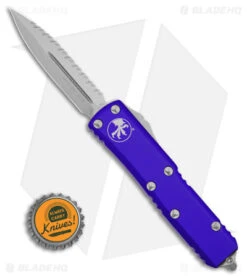Microtech UTX-85 D/E OTF Automatic Knife Purple (3.1" Stonewash Serr) -Microtech Microtech UTX 85 DE AK Purple 3in SW Serr BHQ 174870 td size