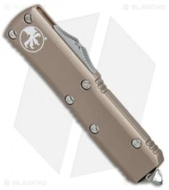 Microtech UTX-85 S/E OTF Automatic Knife Tan (3.125" Satin) 231-4TA -Microtech Microtech UTX 85 SE Tan satin BHQ 75682 er spine
