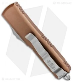 Microtech UTX-85 T/E OTF Automatic Knife Tan (3.125" Satin Serr) 233-5TA -Microtech Microtech UTX 85 TE OTF Auto Tan Satin Serr 233 5TA BHQ 88456 jr side