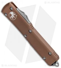Microtech Ultratech T/E OTF Automatic Knife Tan CC (3.4" Stonewash Serr) -Microtech Microtech Ultratech TE OTF Auto Tan CC SW Serr 123 11TA BHQ 88639 jr spine